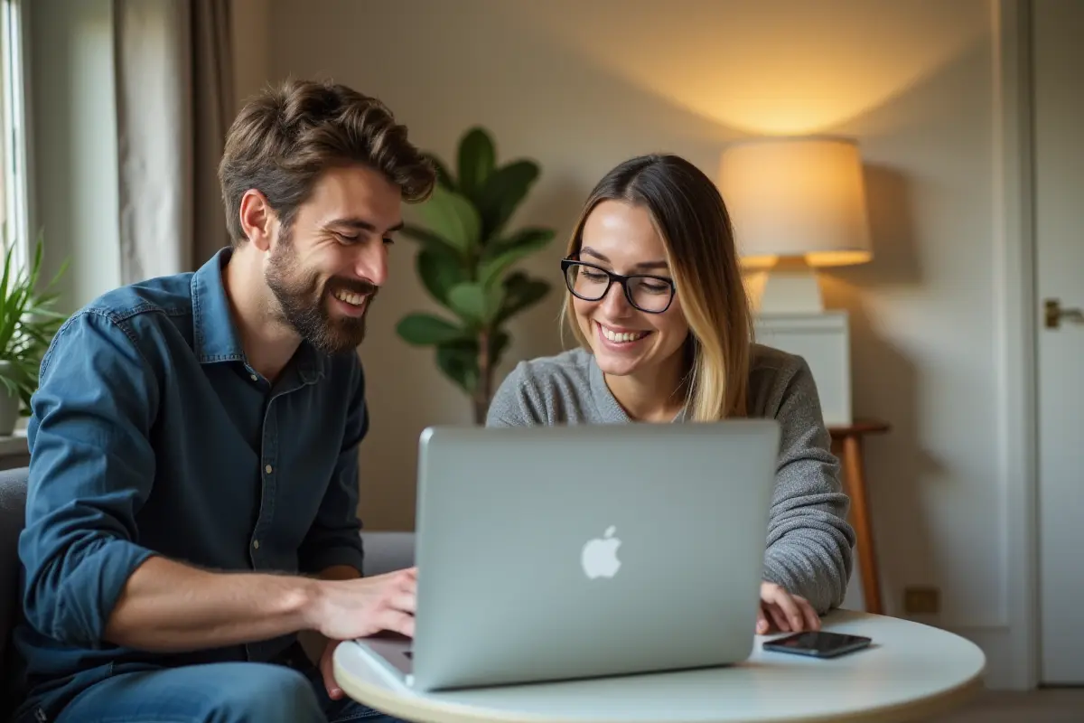 Technicien et cliente souriants devant un ordinateur portable, à domicile