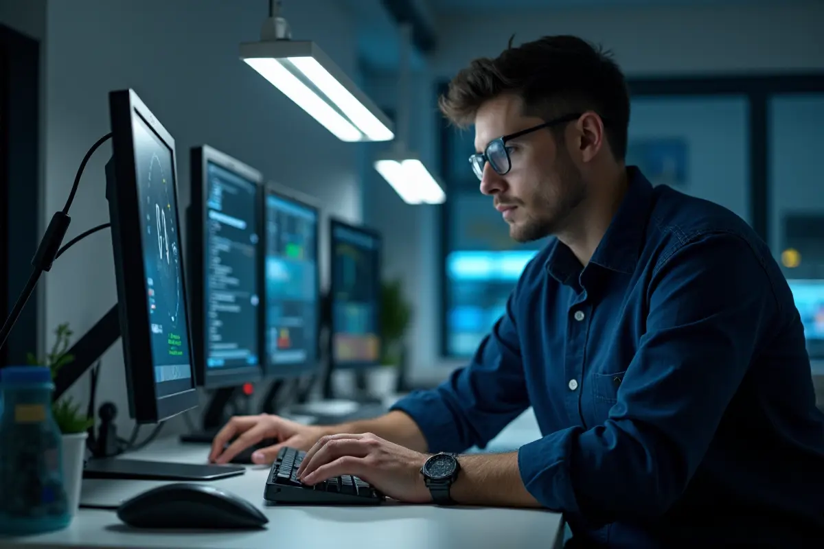 Technicien travaillant sur plusieurs écrans d'ordinateur pour une maintenance informatique