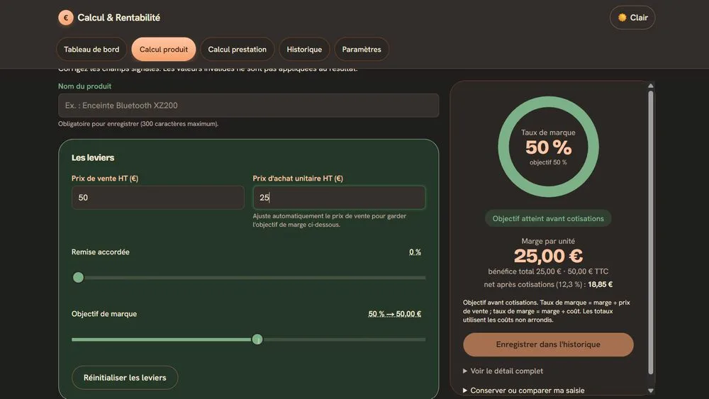 Calcul & Rentabilité — outil interne de calcul de marges