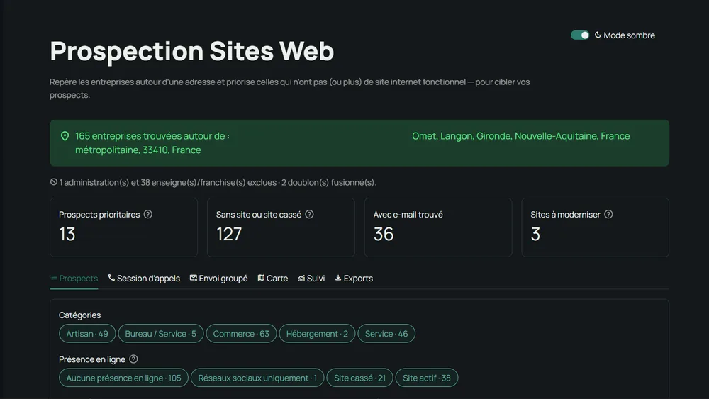 Prospection Sites Web — outil interne de repérage de prospects