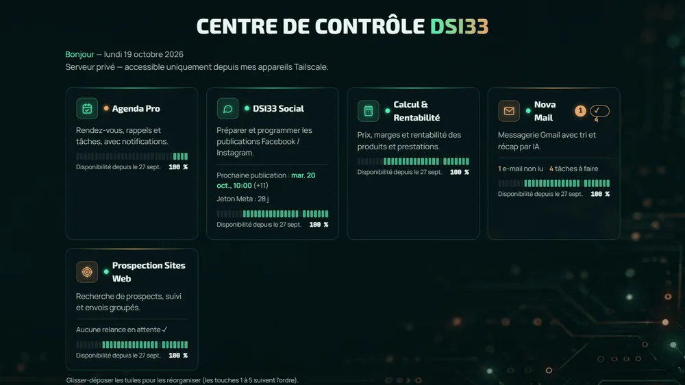 Centre de contrôle DSI33 — portail du serveur privé avec l'état et la disponibilité de chaque application