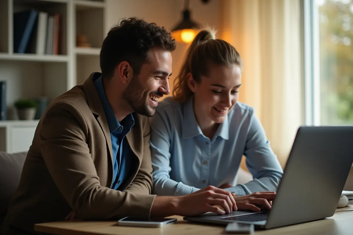 Technicien et cliente souriants devant un ordinateur portable, dans un salon chaleureux