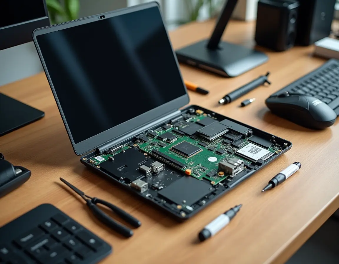 Trousse à outils de réparation informatique ouverte sur un bureau en bois