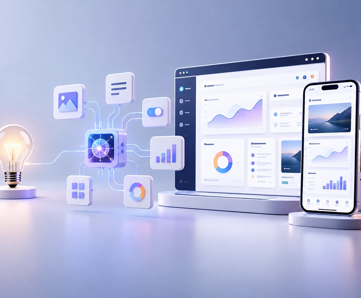 Illustration d'une application sur-mesure propulsée par l'IA, sur ordinateur et smartphone