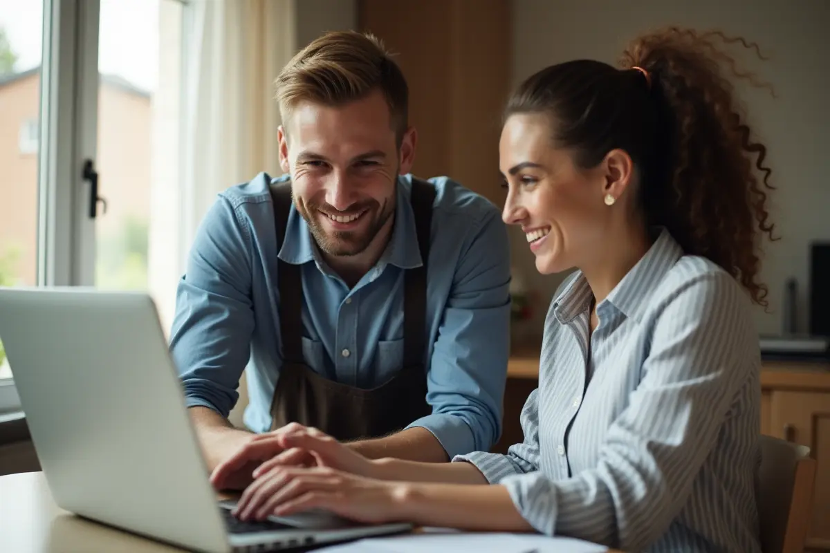 Technicien en tablier installant du matériel informatique à domicile